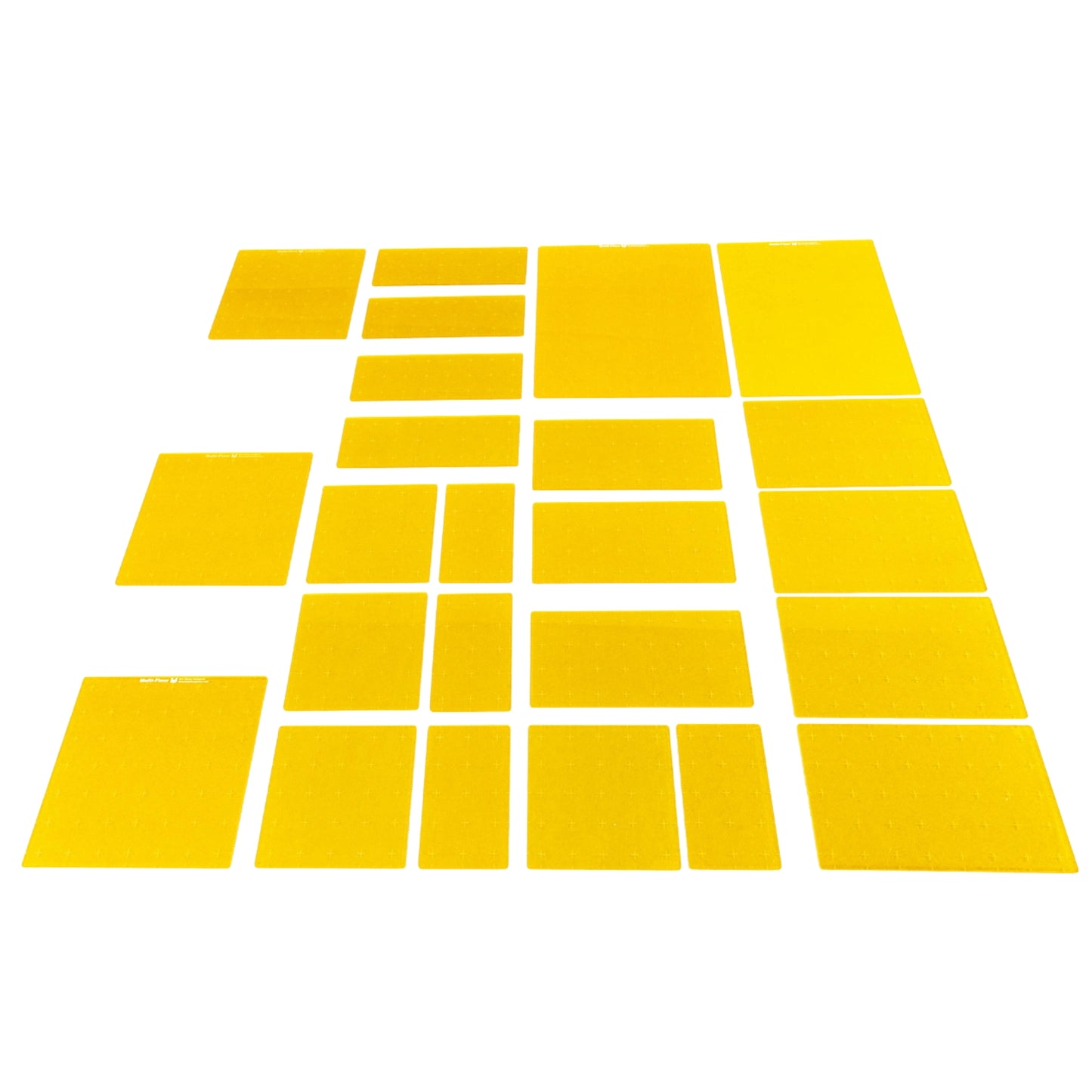 Set of yellow acrylic platforms on a white background showing the various sizes included in this set. 