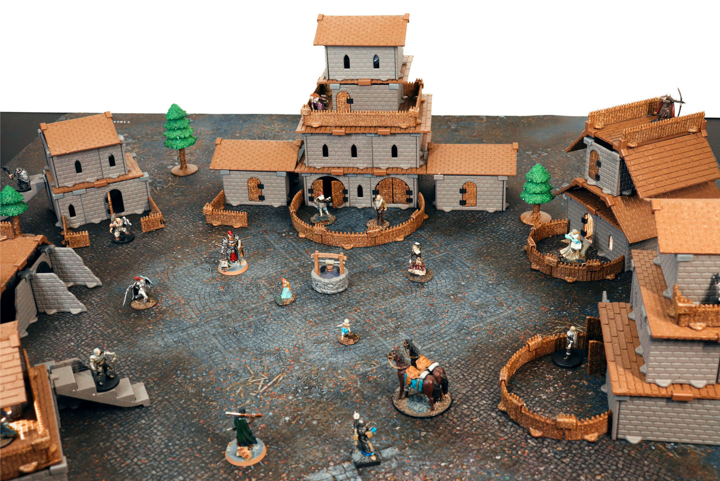 Large modular village or city terrain setup for RPGs, built with DCD walls and the Village Roof Kit pieces on a cobblestone map.