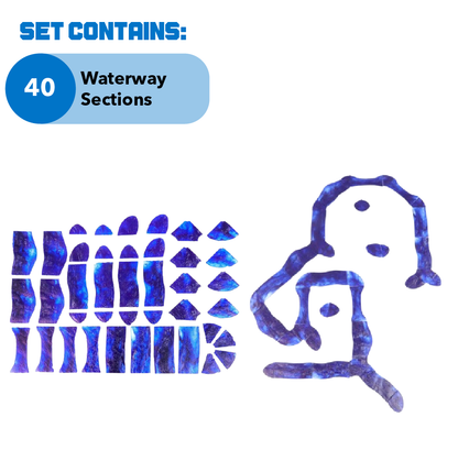 The Waterways Kit showcasing the 40 individual Waterway Sections in various shapes (straight, curves, triangles) for modular layout design.