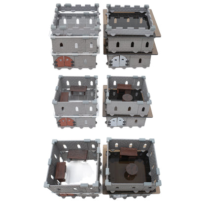 Multi-Floor Platforms Expansion Kit showing various sizes of clear and dark gray acrylic platforms for adding verticality to dungeon terrain.