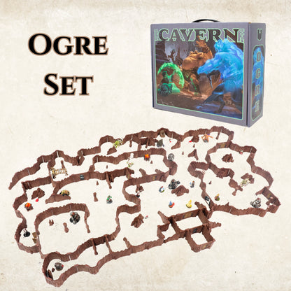 Image showing the Ogre Cavern Core Set product box next to a massive, assembled modular cavern layout featuring brown rock walls and numerous fantasy miniatures, ready for an epic Dungeons & Dragons campaign.