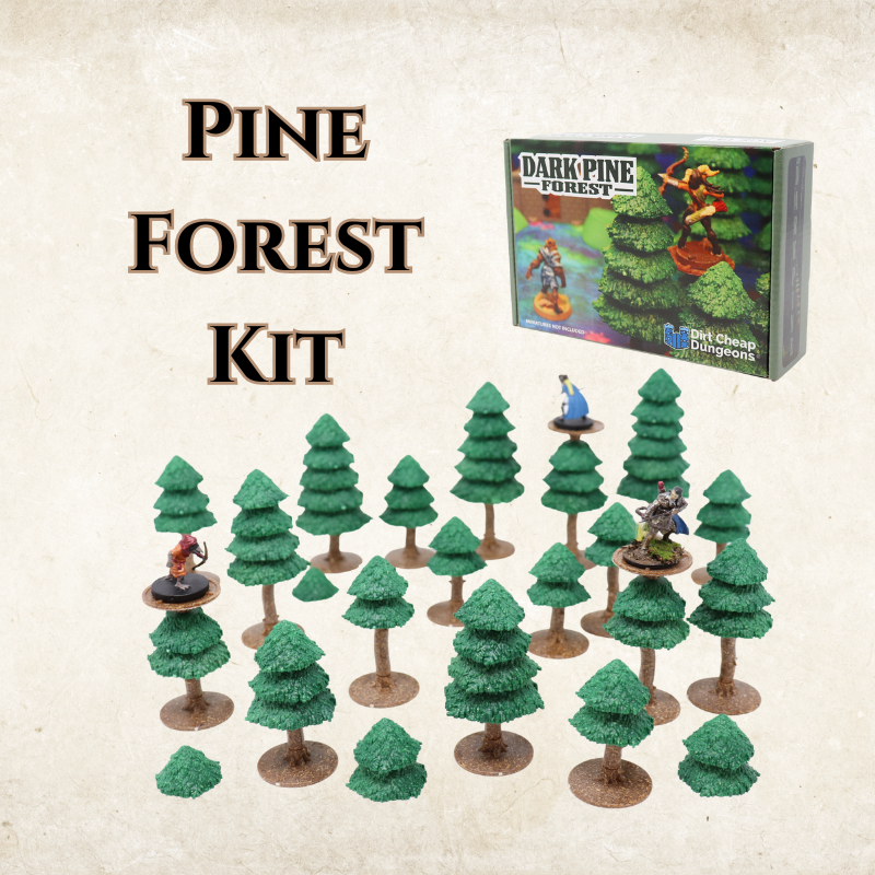 Pine Forest Kit of modular 3D trees for tabletop RPG forest terrain, featuring hero miniatures on tree platforms.