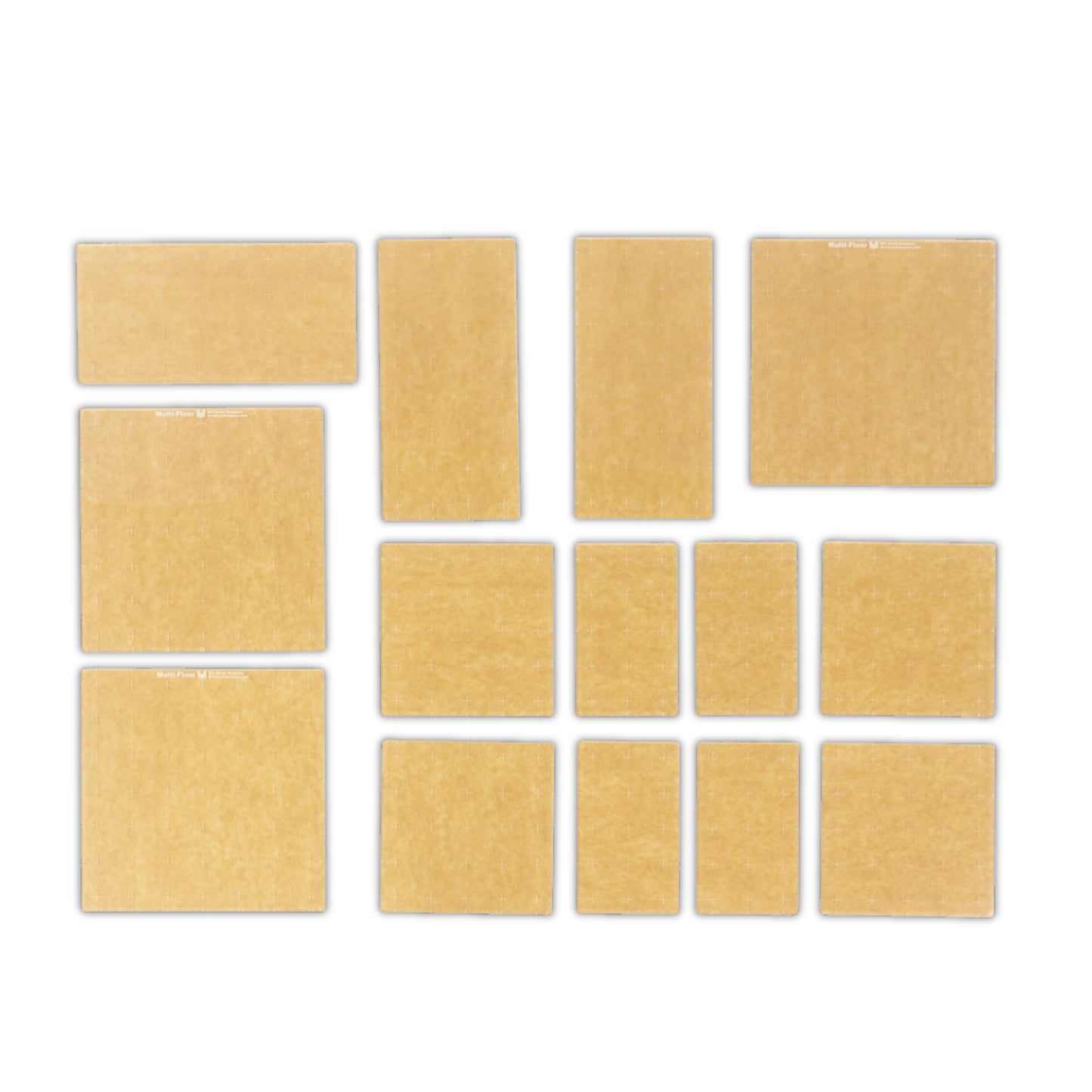 Multi-Floor Platforms Expansion components laid out: various sized clear and smoky dark gray acrylic platform tiles.