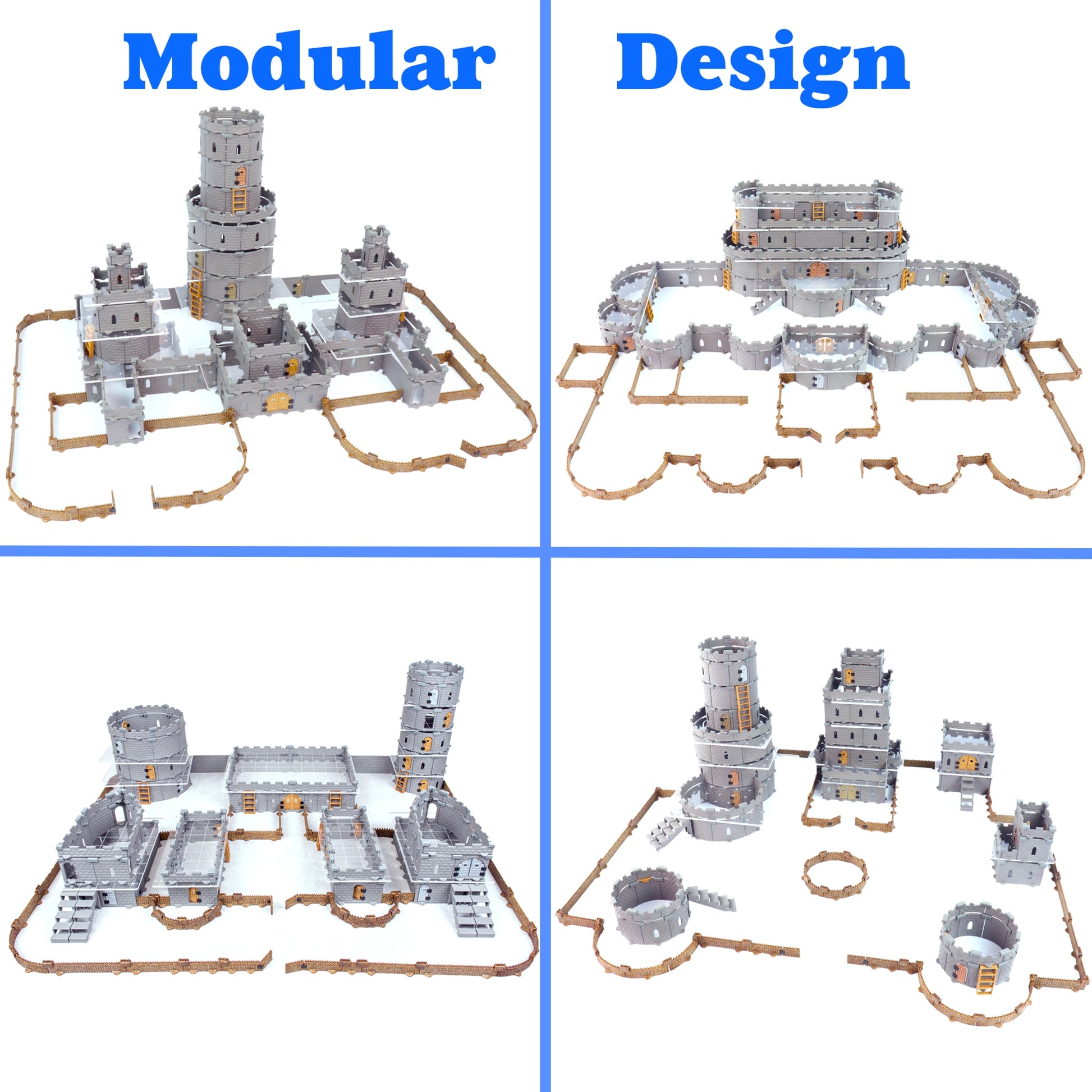 Graphic illustrating four unique configurations of the Regent Castle Core Set, demonstrating the unlimited modularity possible with the combination of straight and curved castle walls.