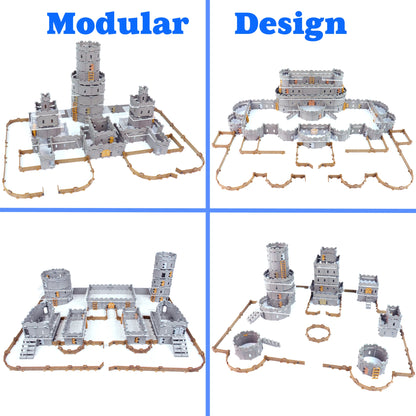 Graphic illustrating four unique configurations of the Regent Castle Core Set, demonstrating the unlimited modularity possible with the combination of straight and curved castle walls.
