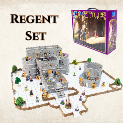 Image showing the Regent Castle Core Set product box next to a massive, imposing modular castle build. This is your largest castle set, featuring an epic vertical build perfect for Dungeons & Dragons.