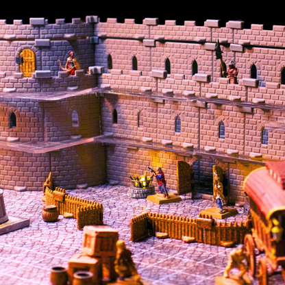 Close-up view of the Regent Castle stone wall texture and a combat scene in the courtyard, featuring several miniatures guarding the entrance to a castle or building. 