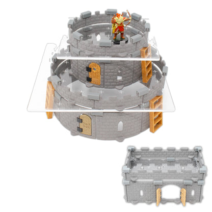 A close up shot of a small tower built with clear acrylic with a miniature on top as a reference point.   