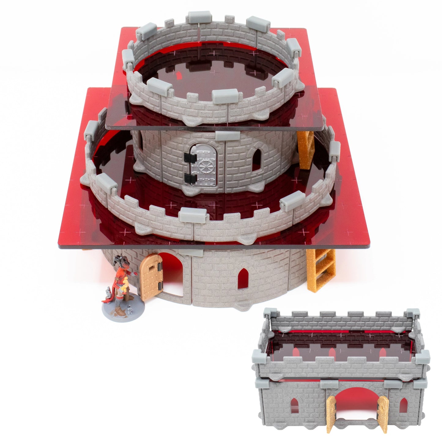 A close up shot of a small tower built with dark red acrylic with a miniature on top as a reference point.   