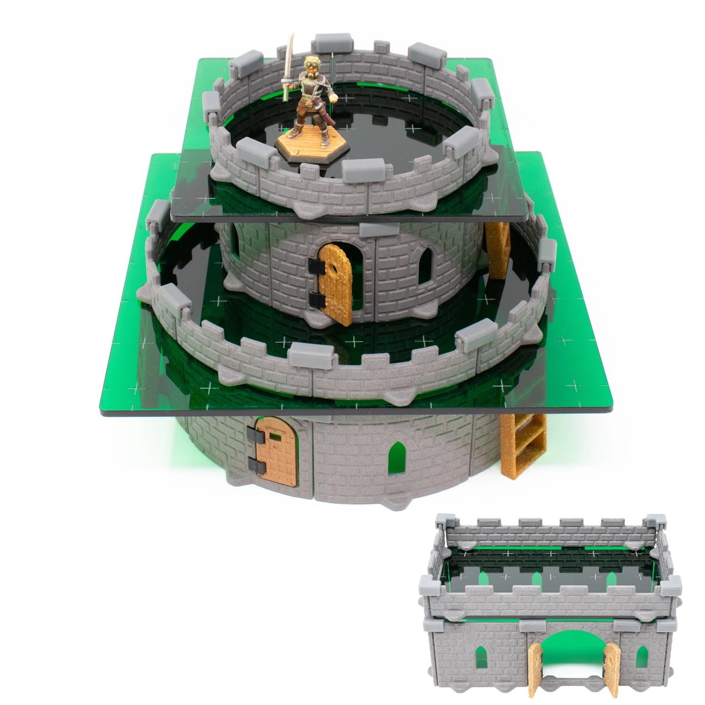 A close up shot of a small tower built with green acrylic with a miniature on top as a reference point.   