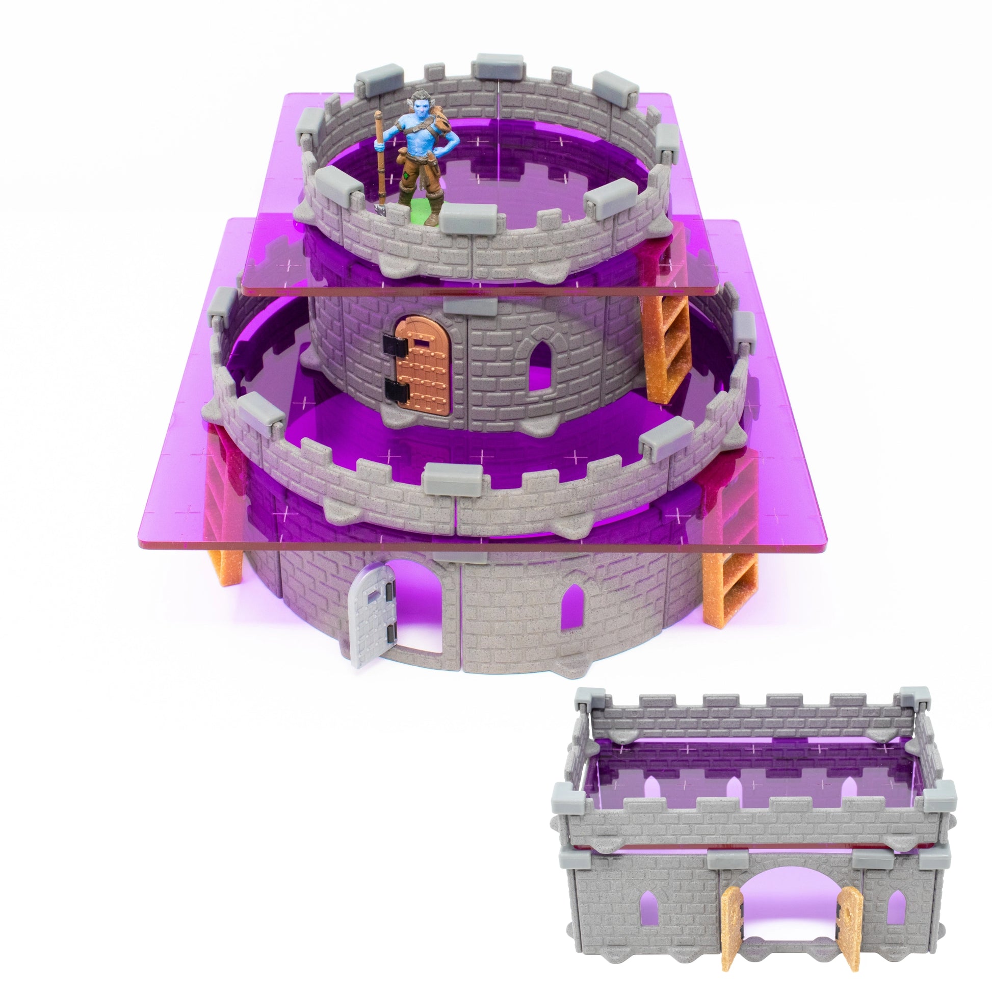 A close up shot of a small tower built with purple acrylic with a miniature on top as a reference point.   