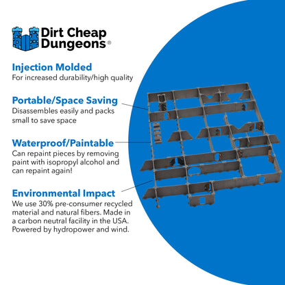 Product graphic for Dirt Cheap Dungeons highlighting the features of the Rogue modular dungeon set: Injection Molded for durability, Portable/Space Saving, Waterproof/Paintable, and a positive Environmental Impact from recycled materials.