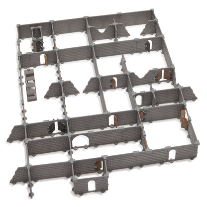 Isolated image of the large, grey Rogue modular dungeon full set fully assembled on a white background, clearly showing the clippable walls, multiple doorways, and stairs.