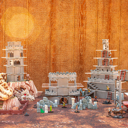 Tabletop RPG battle scene showing a dungeon built with modular walls and dark gray acrylic platforms creating elevated fighting positions.