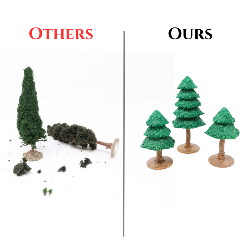 Comparison image showing Dirt Cheap Dungeons' hard plastic forest trees versus a traditional flocked terrain tree (labeled "Others").