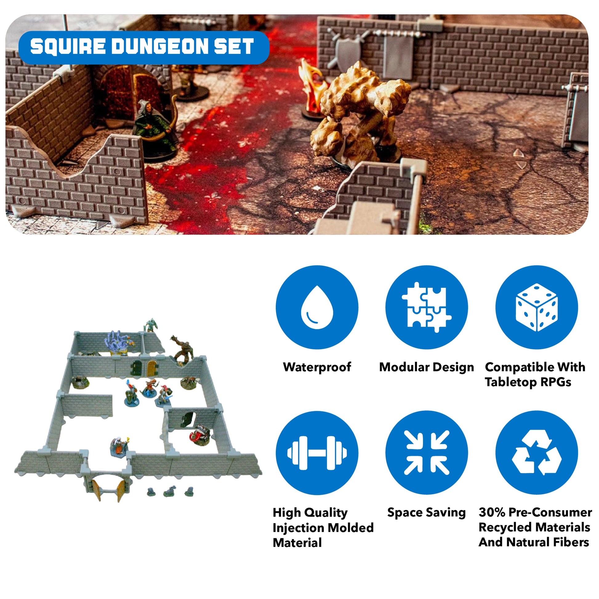 Close-up of a modular dungeon set with miniatures on a red-stained battlemap, featuring icons highlighting Waterproof, Modular Design, Compatible With Tabletop RPGs, High Quality Injection Molded Material, Space Saving, and 30% Pre-Consumer Recycled Materials. This image emphasizes the key features of the Squire starter dungeon set.