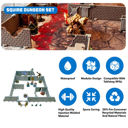 Close-up of a modular dungeon set with miniatures on a red-stained battlemap, featuring icons highlighting Waterproof, Modular Design, Compatible With Tabletop RPGs, High Quality Injection Molded Material, Space Saving, and 30% Pre-Consumer Recycled Materials. This image emphasizes the key features of the Squire starter dungeon set.