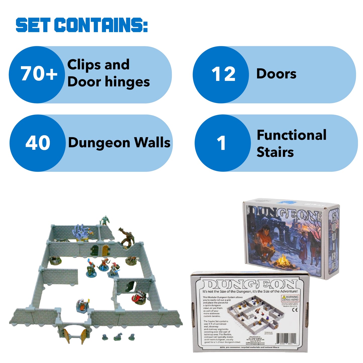 Product graphic detailing the contents of the Squire modular dungeon set: 70+ Clips and Door Hinges, 12 Doors, 40 Dungeon Walls, and 1 Functional Stairs. An assembled layout of the terrain with miniatures and a view of the product box are also shown.
