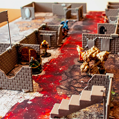 Action-packed scene of the Squire modular terrain set up on a high-detail battlemap, featuring a stair piece, damaged walls, open doorways, and multiple miniatures engaged in combat for a D&D or tabletop RPG session.