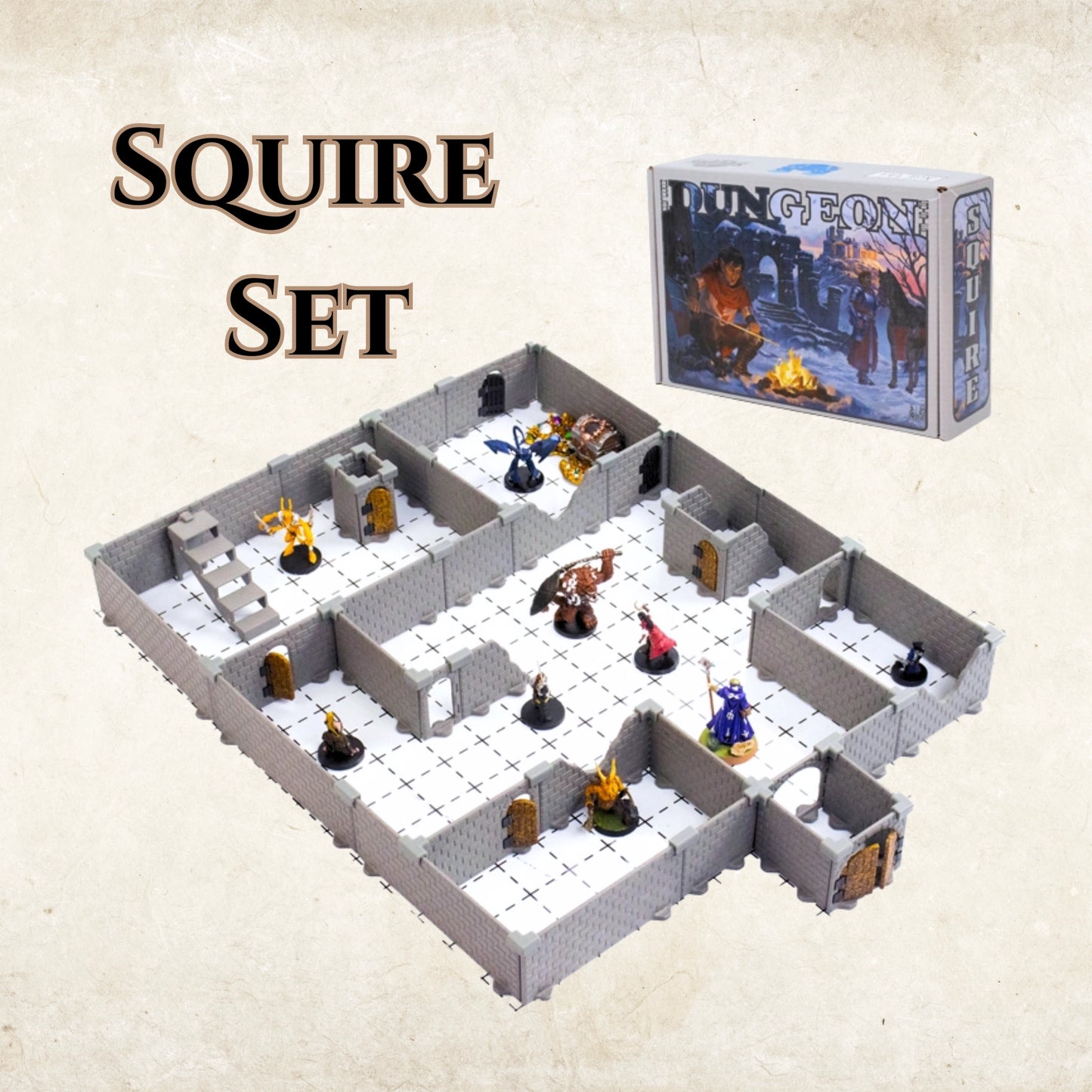 Image showcasing the Squire Set product box next to a complete, medium-sized layout of the modular dungeon terrain with various painted fantasy miniatures on a white grid mat.
