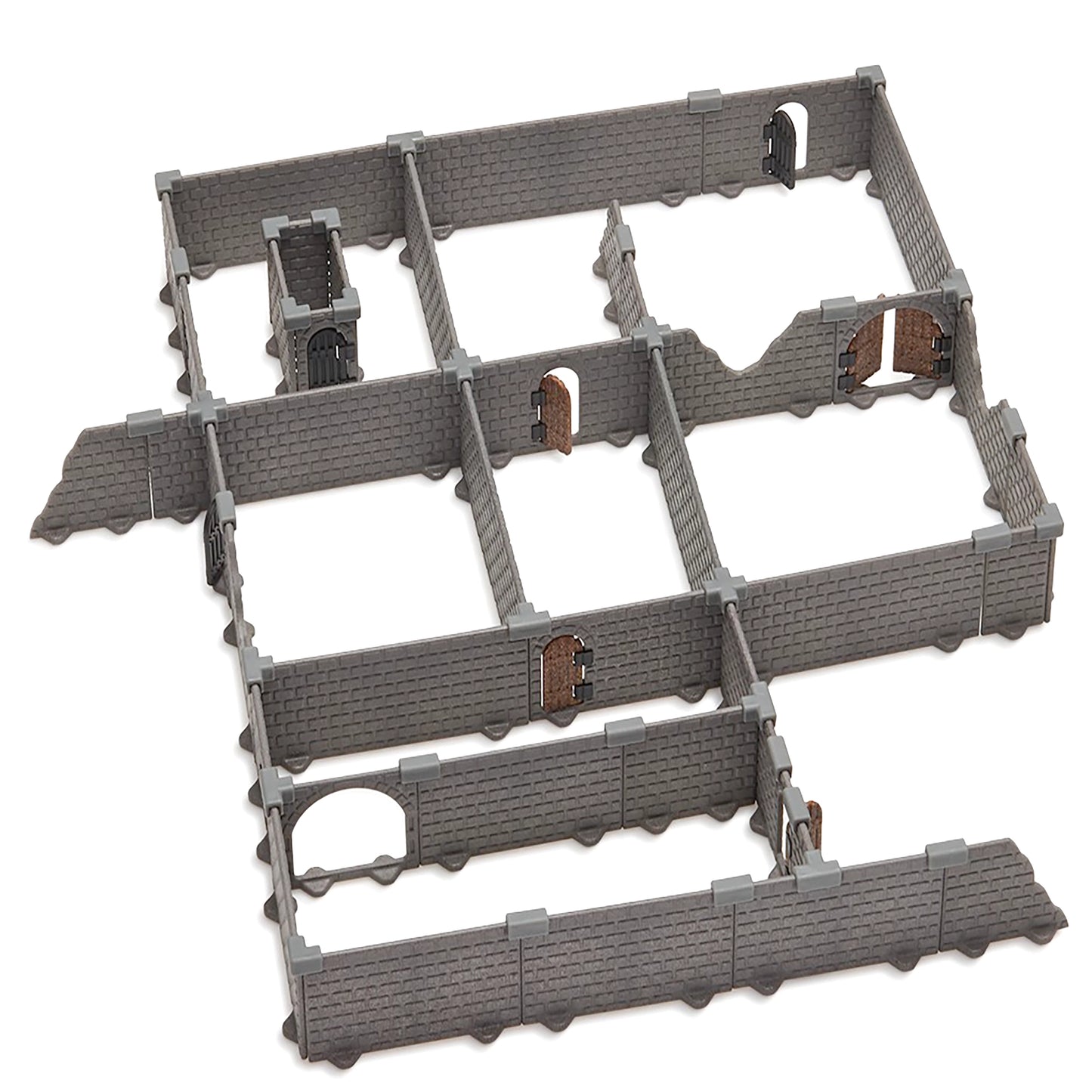 Isolated, clean image of the fully assembled grey modular dungeon terrain set with connecting walls and various doorways, showing the grid-based design and injection-molded brick texture.