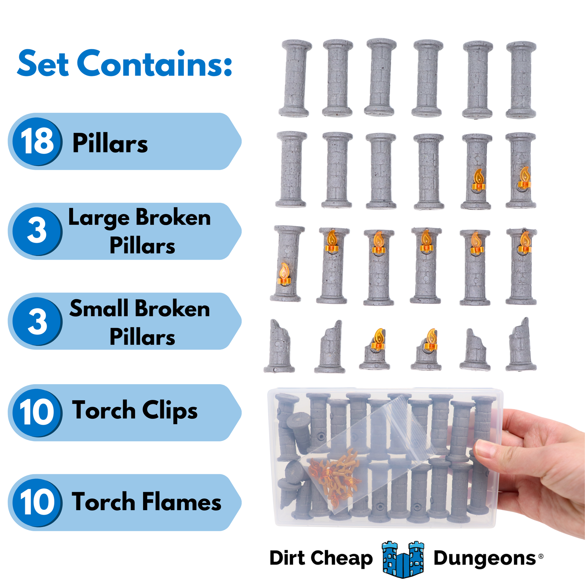 Contents list for the Stone Pillars and Torches Kit: 18 Pillars, 6 Broken Pillars, 10 Torch Clips, and 10 Torch Flames by Dirt Cheap Dungeons.