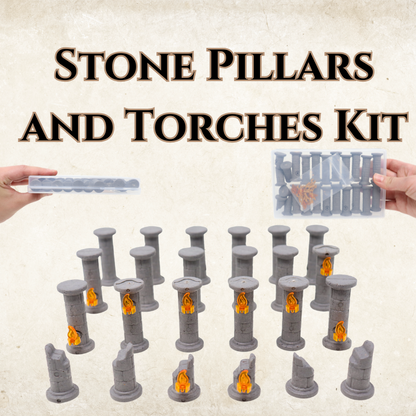 Stone Pillars and Torches Kit for D&D and tabletop games. Contains 18 pillars, 6 broken pillars, and 15+ torch accessories.