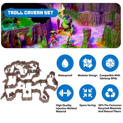 Product graphic detailing key features of the Troll Cavern Set: Waterproof, Modular Design, Compatible With Tabletop RPGs, Injection Molded, Space Saving, and made with 30% Pre-Consumer Recycled Materials.