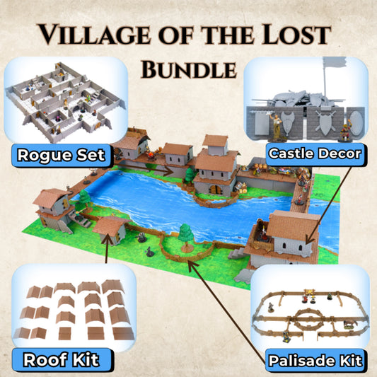 Graphic detailing the individual components of the bundle: Rogue Set, Palisade Kit, Castle Decor Kit, and Village Roofs, emphasizing the discounted value and convenience of the urban terrain bundle.