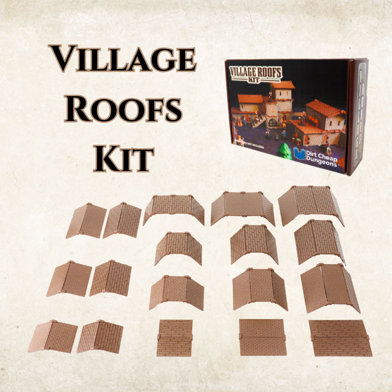 Village Roof Kit for modular 3D tabletop terrain. Includes various sizes of brown roof tiles for fantasy village builds.