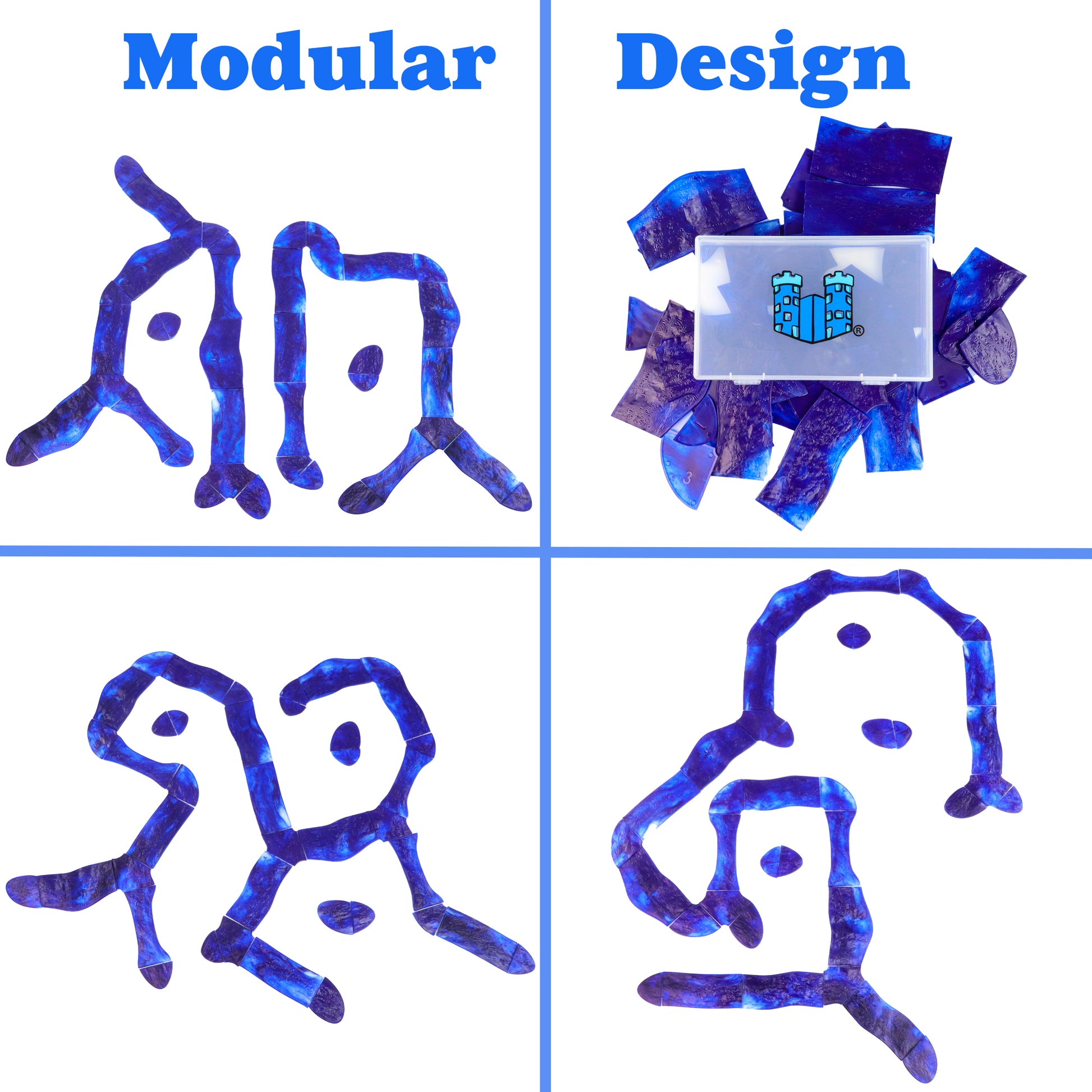 Infographic highlighting the Modular Design of the Waterways Kit with various assembled blue water patterns.