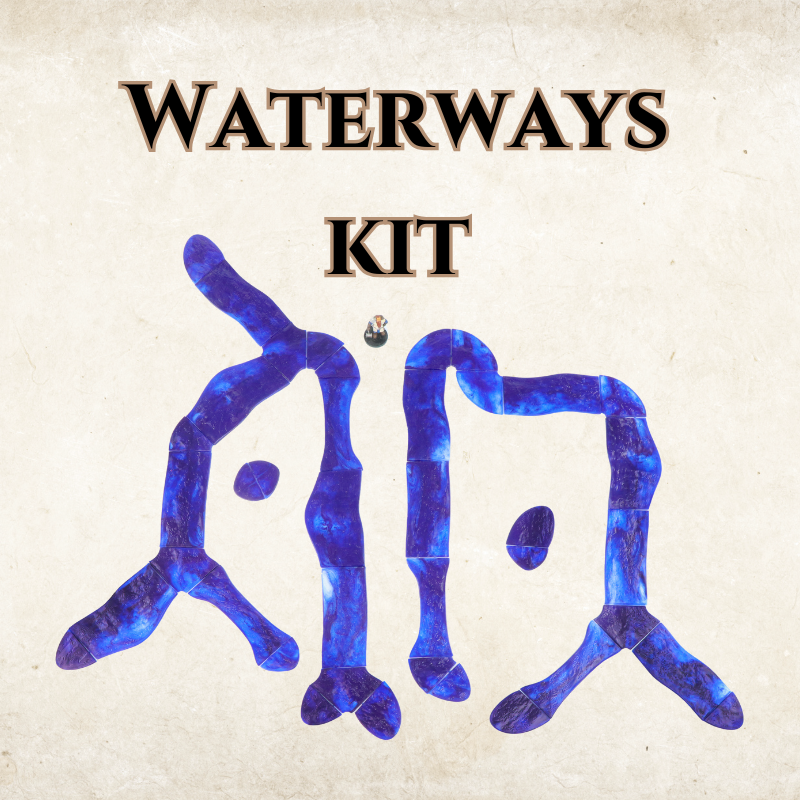 Waterways Kit product image showing various modular blue water sections assembled to form a flowing river, for tabletop RPG terrain.