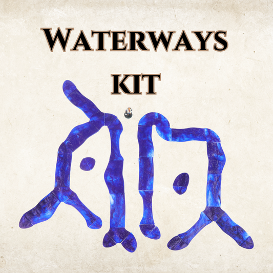 Waterways Kit product image showing various modular blue water sections assembled to form a flowing river, for tabletop RPG terrain.