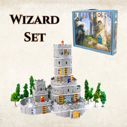 Image showing the Wizard's Tower Core Set product box next to a tall, modular tower build using rounded walls and acrylic platforms. This set specializes in vertical D&D terrain.