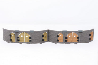 Curved gray dungeon wall section showing six installed doors from the Metallic Doors Expansion, highlighting various designs.